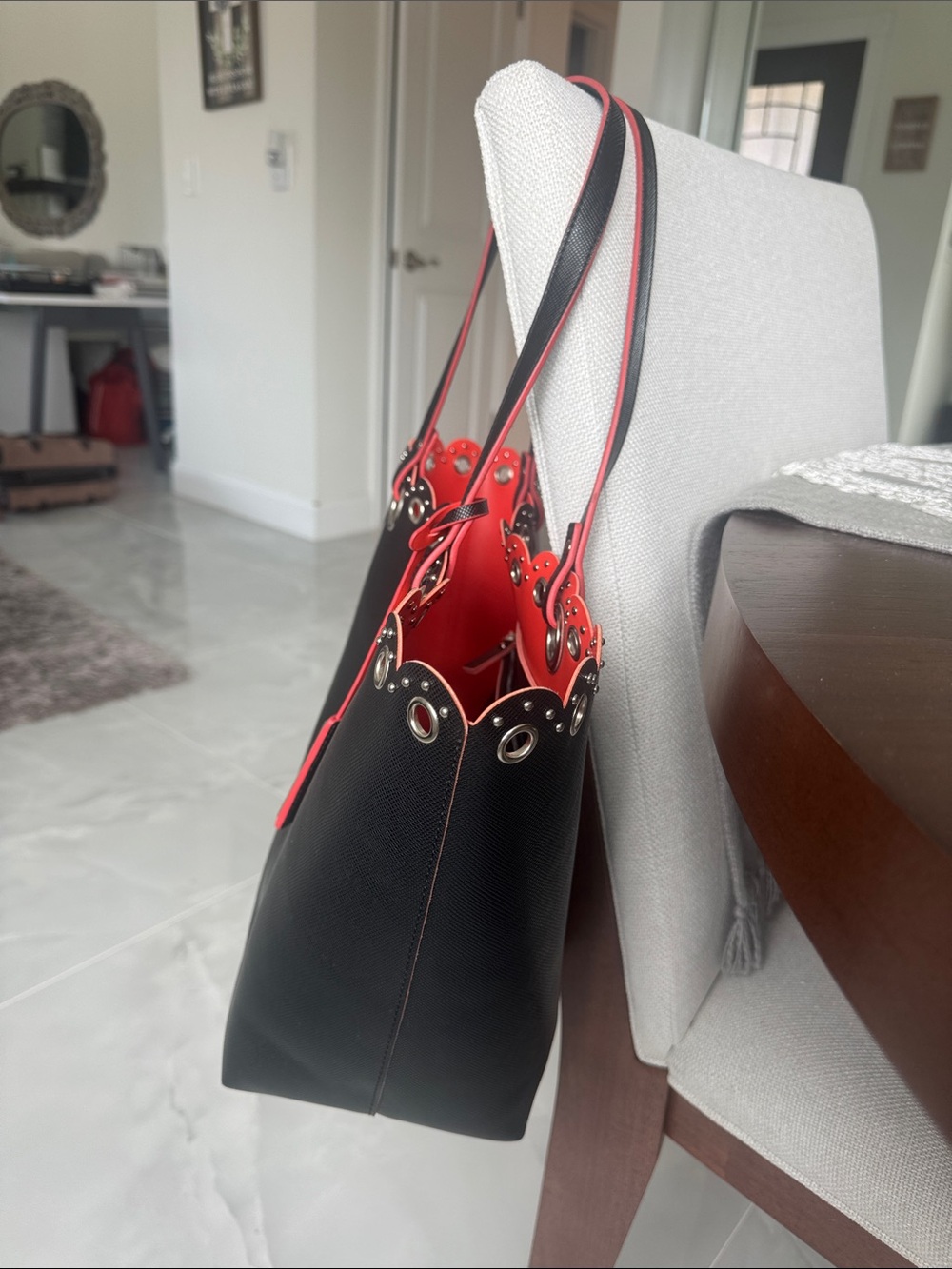 NWOT Nine West Black Tote Bag with Red/Orange Trim and scalloped studded Detail - Picture 4 of 5